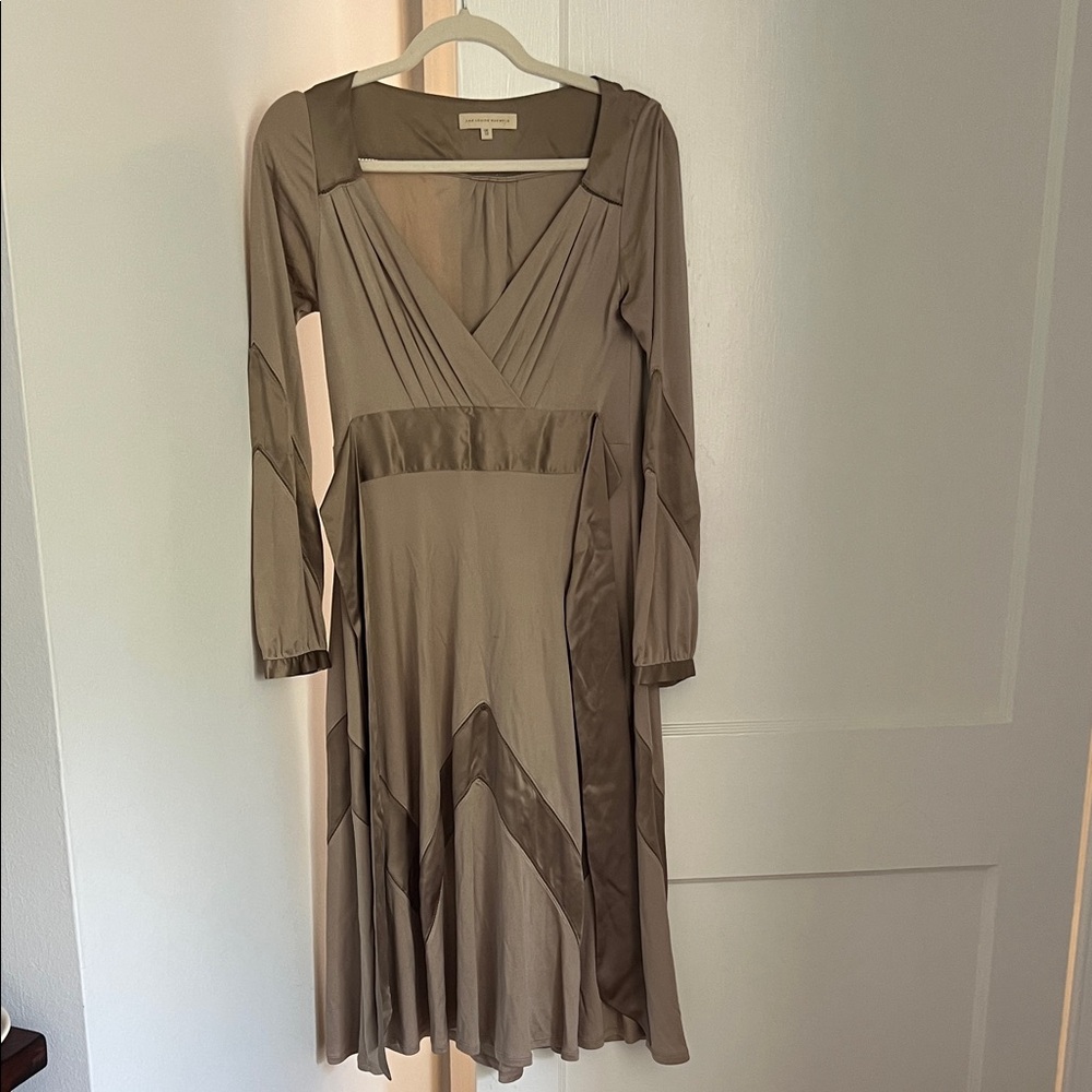 Elegant Tan Long Sleeve midi Dress with silk sash